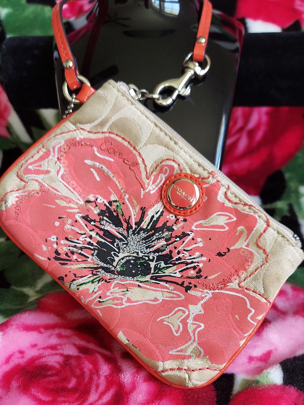 Coach Poppy Floral Canvas Wristlet with Beige Trim